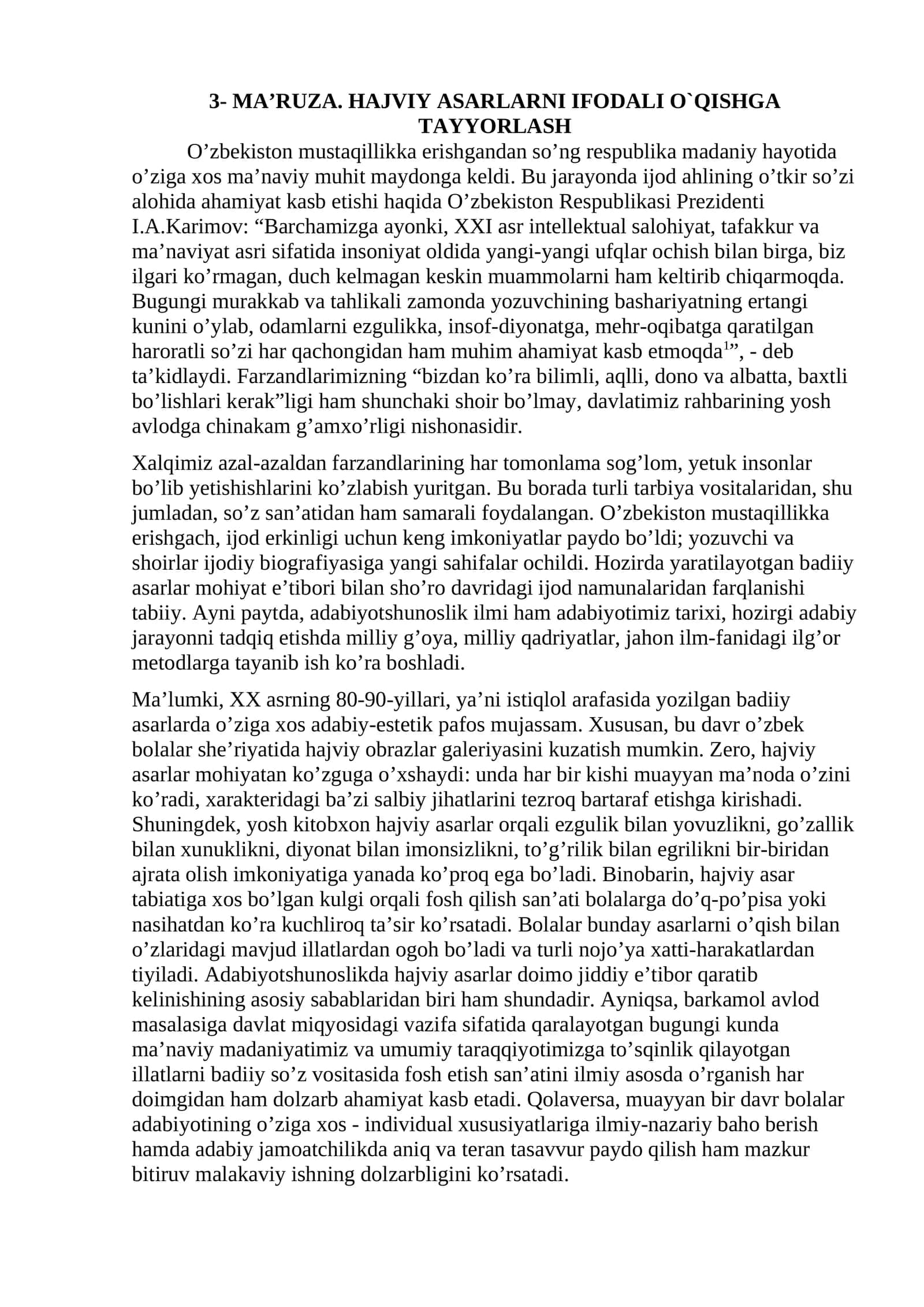 MA’RUZA. HAJVIY ASARLARNI IFODALI O`QISHGA TAYYORLASH 1