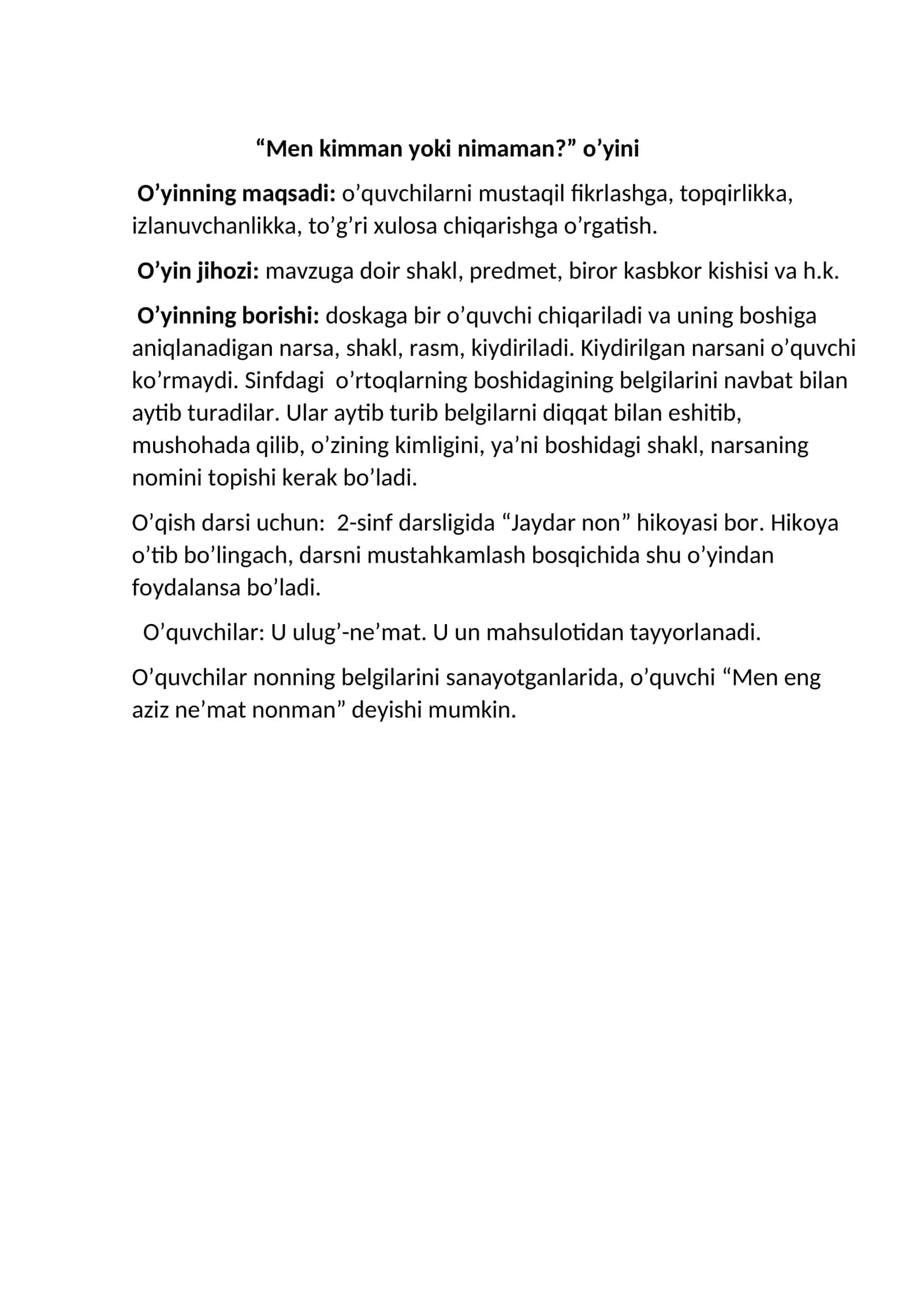 "Men kimman yoki nimaman?" o’yini 1