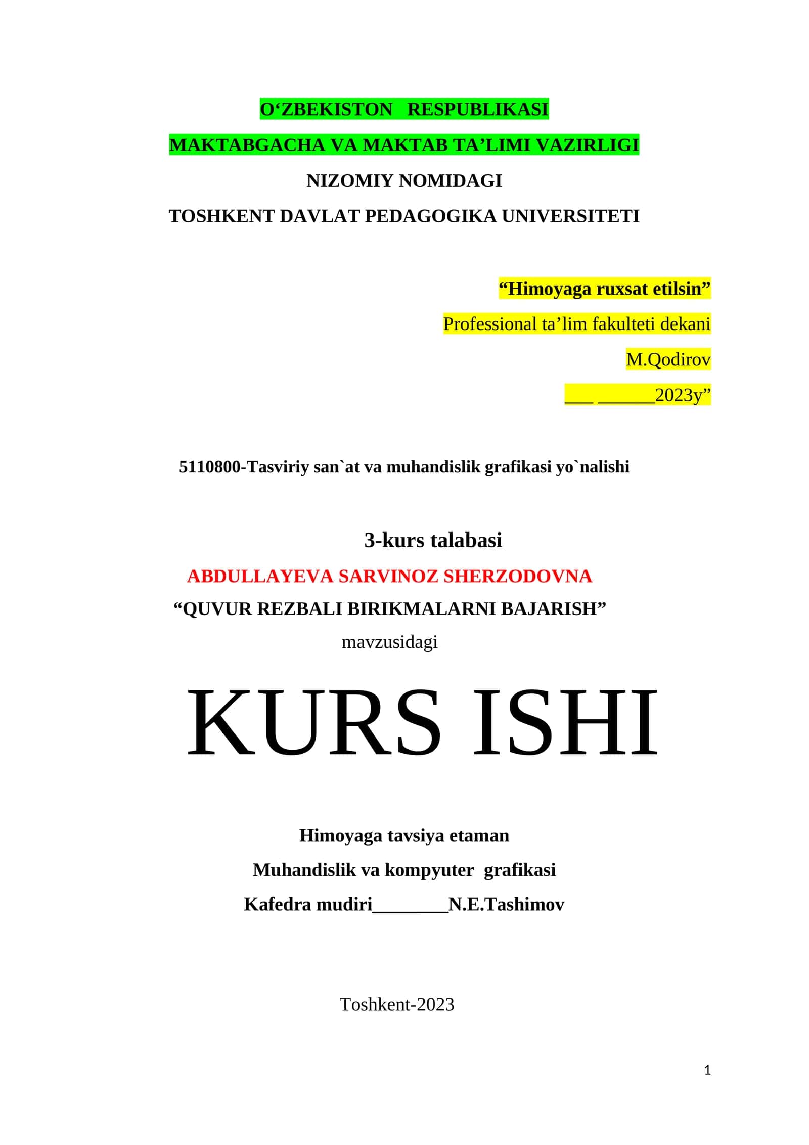 TASVIRİY SAN'AT VA MUHANDİSLİK GRAFİKASİ YO'NALİSH 1