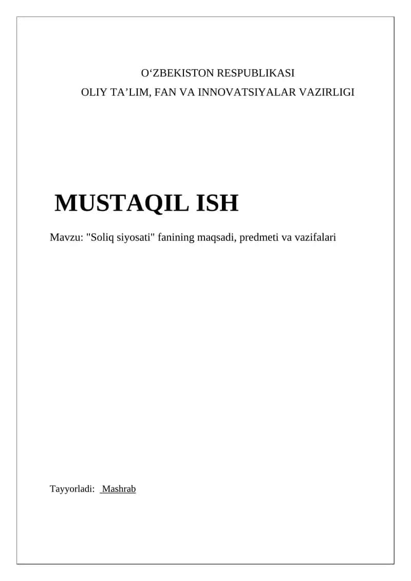 Soliq siyosati fanining maqsadi, predmeti va vazifalari 1