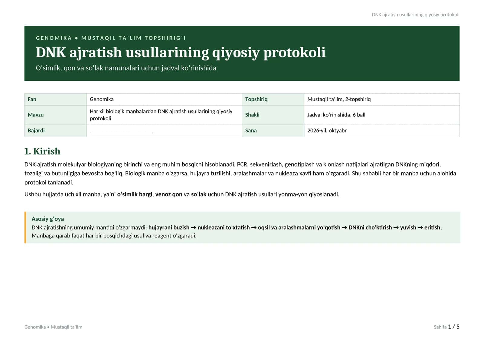 DNK ajratish usullarining qiyosiy protokoli 1