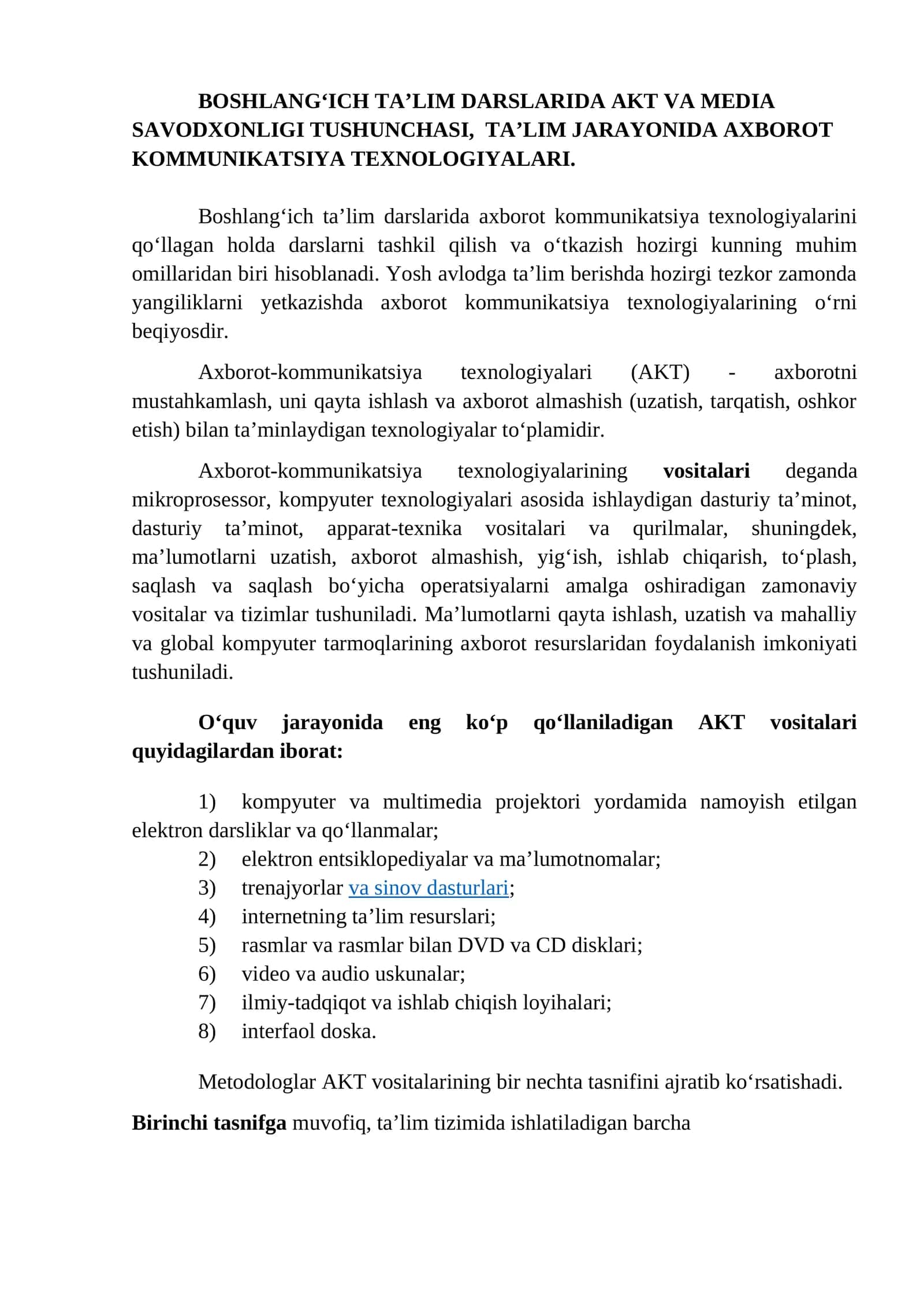 BOSHLANG‘ICH TA’LIM DARSLARIDA AKT VA MEDIA SAVODXONLIGI TUSHUNCHASI,  TA’LIM JARAYONIDA AXBOROT KOMMUNIKATSIYA TEXNOLOGIYALARI. 1