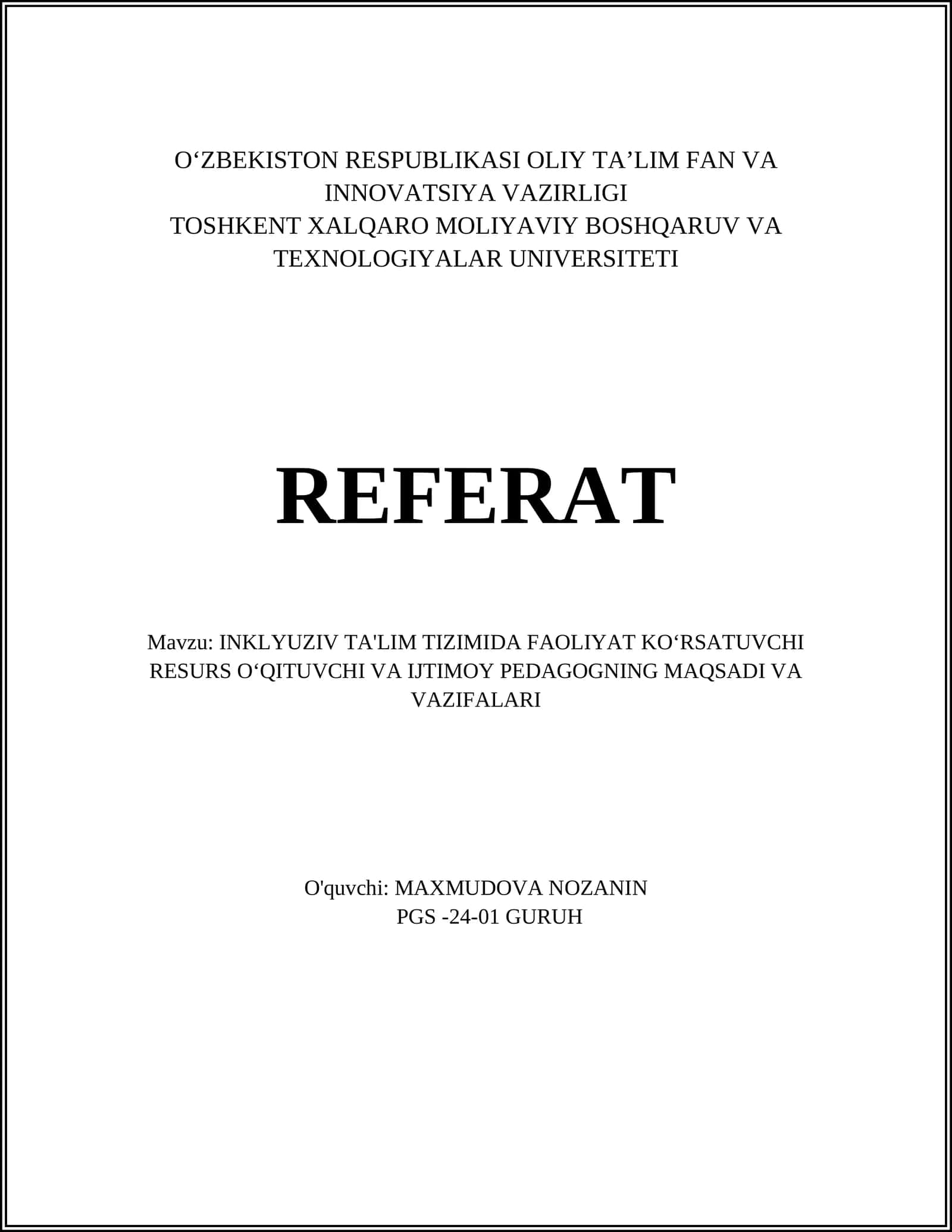 INKLYUZIV TA'LIM TIZIMIDA FAOLIYAT KO'RSATUVCHI RESURS O'QITUVCHI VA IJTIMOY PEDAGOGNING MAQSADI VA VAZIFALARI 1
