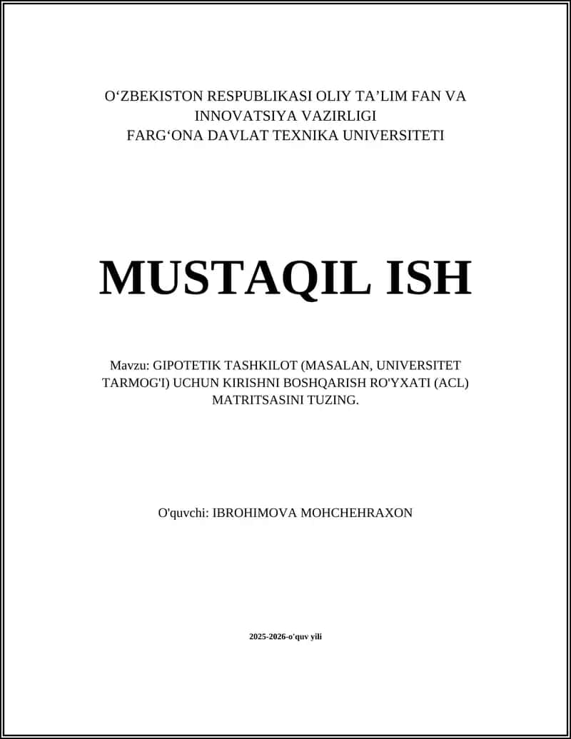 Gipotezik tashkilot uchun kirishni boshqarish ro'yxati (ACL) matritsasi 1