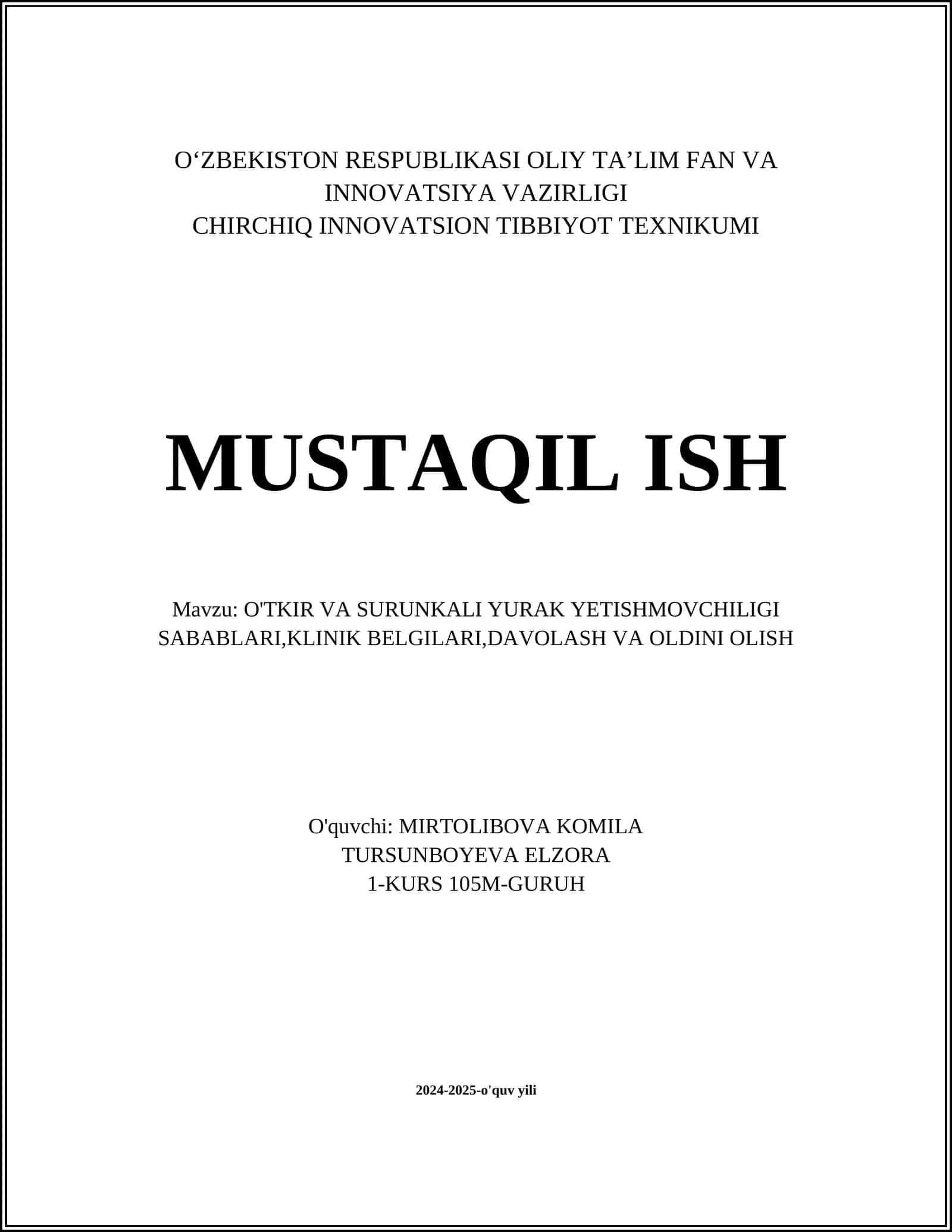 O‘TKIR VA SURUNKALI YURAK YETISHMOVCHILIGI SABABLARI, KLINIK BELGILARI, DAVOLASH VA OLDINI OLISH 1