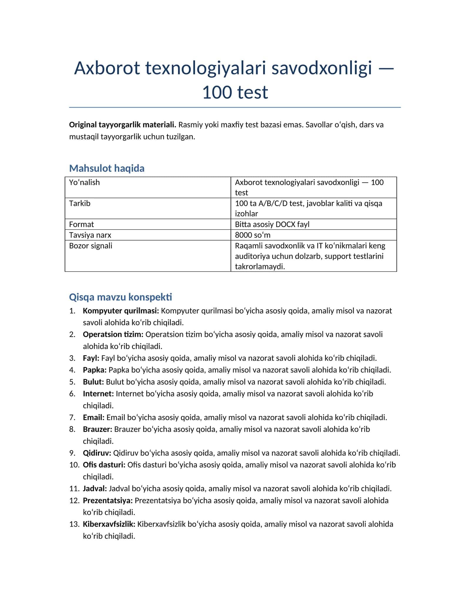 Axborot texnologiyalari savodxonligi — 100 test 1