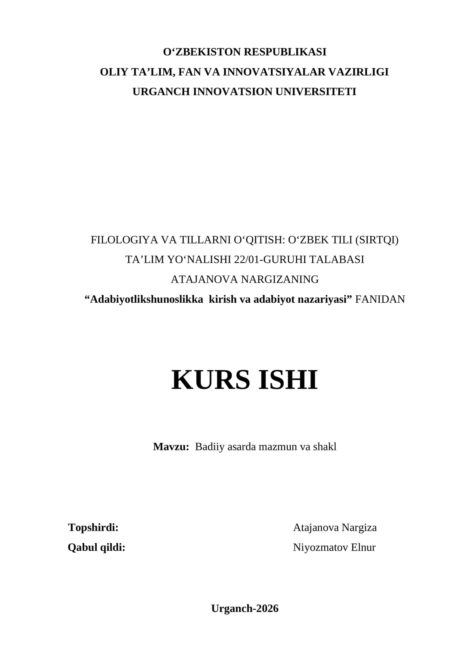 Adabiyotlikshunoslikka kirish va adabiyot nazariyasi kurs ishi 1