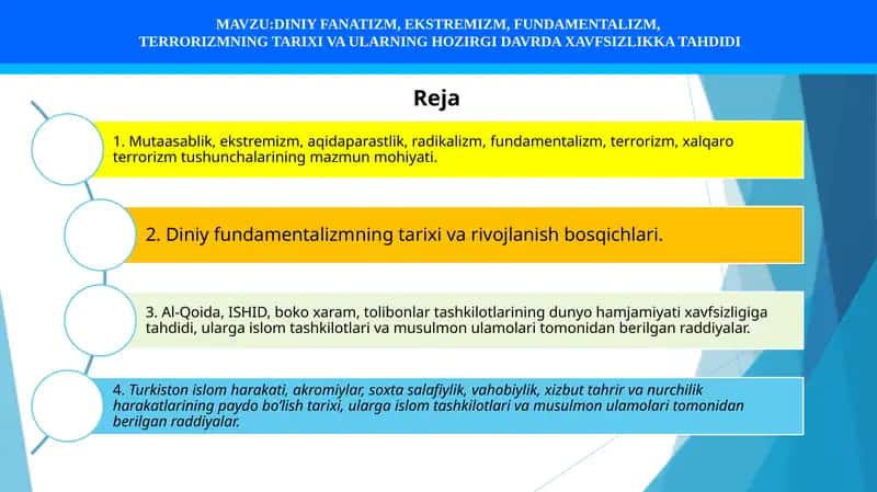DINIY FANATIZM, EKSTREMIZM, FUNDAMENTALIZM,  TERRORIZMNING TARIXI VA ULARNING HOZIRGI DAVRDA XAVFSIZLIKKA TAHDIDI 1