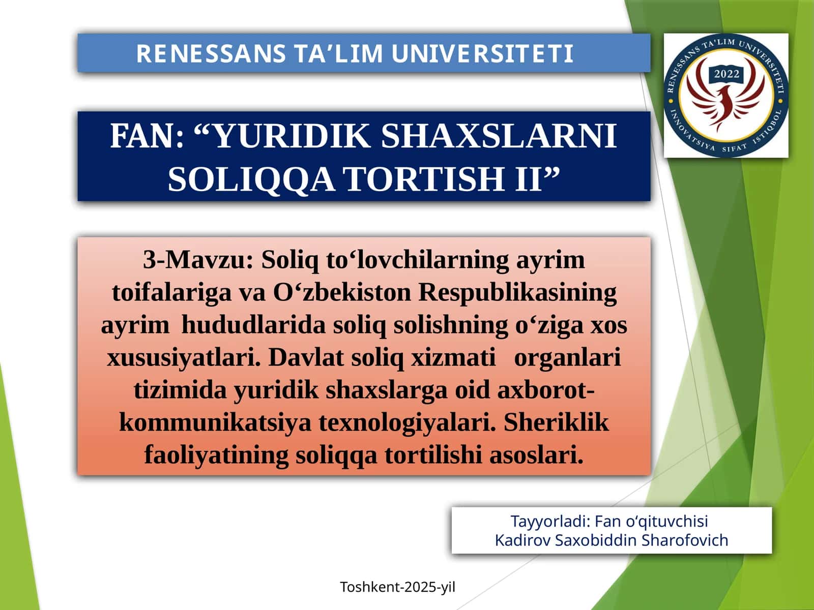 SOLIQ TOʻLOVCHILARNING AYRIM TOIFALARIGA SOLIQ SOLISHNING OʻZIGA XOS XUSUSIYATLARI 1