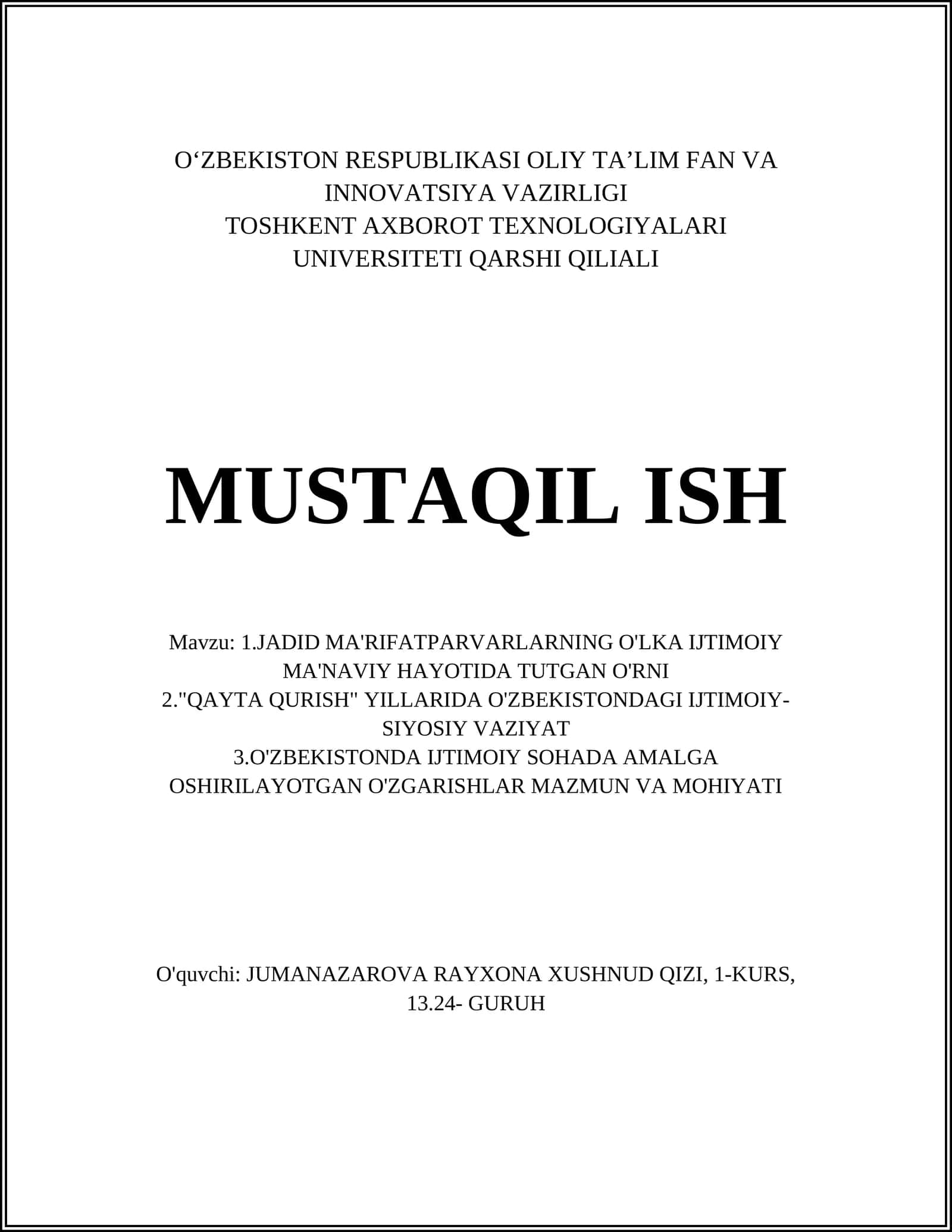 JADID MA'RIFATPARVARLARNING O'LKA IJTIMOIY MA'NAVIY HAYOTIDA TUTGAN O'RNI 1