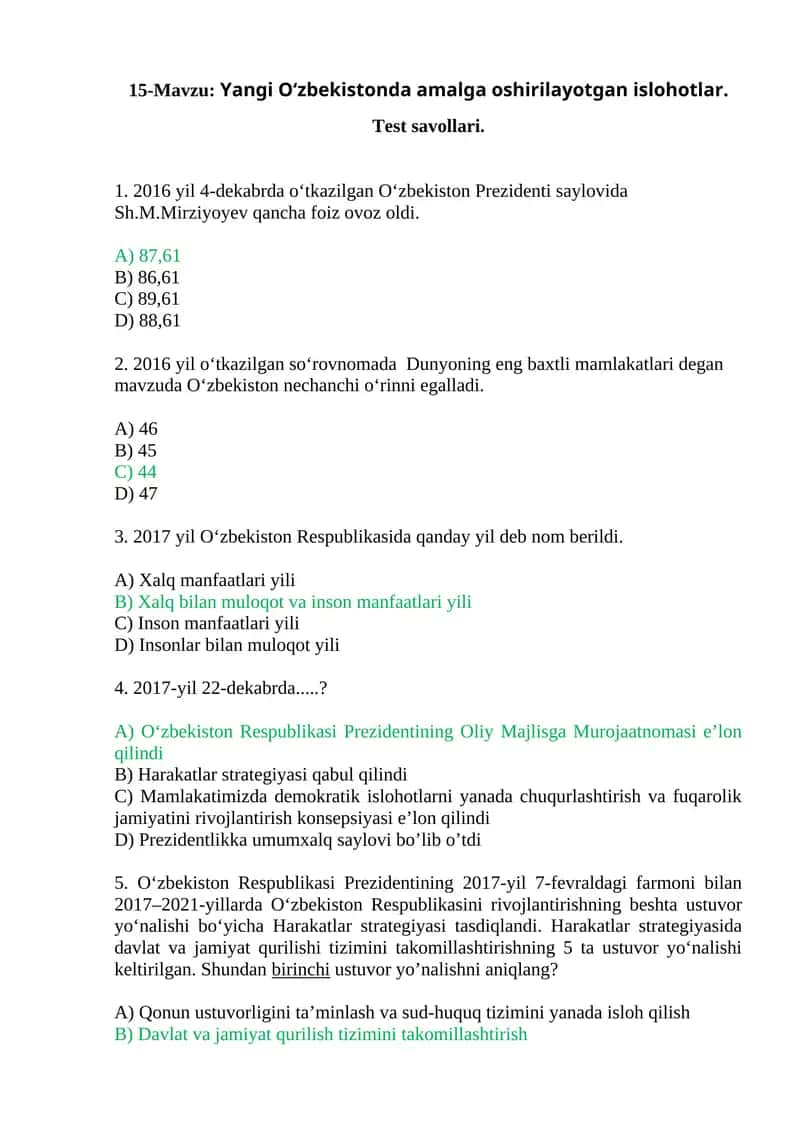 Yangi O‘zbekistonda amalga oshirilayotgan islohotlar. Test savollari. 1