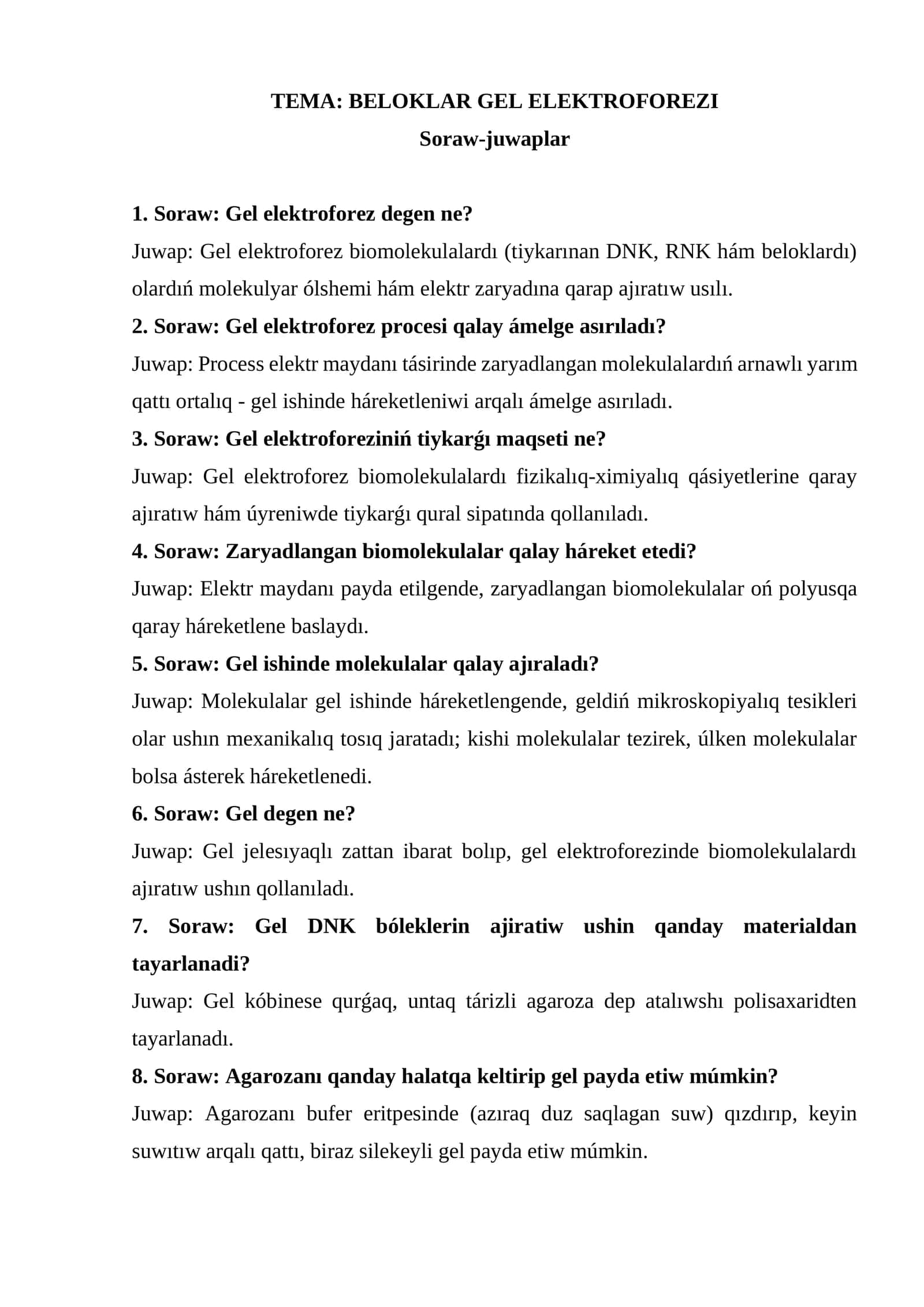 Belok gel elektroforezi. 1