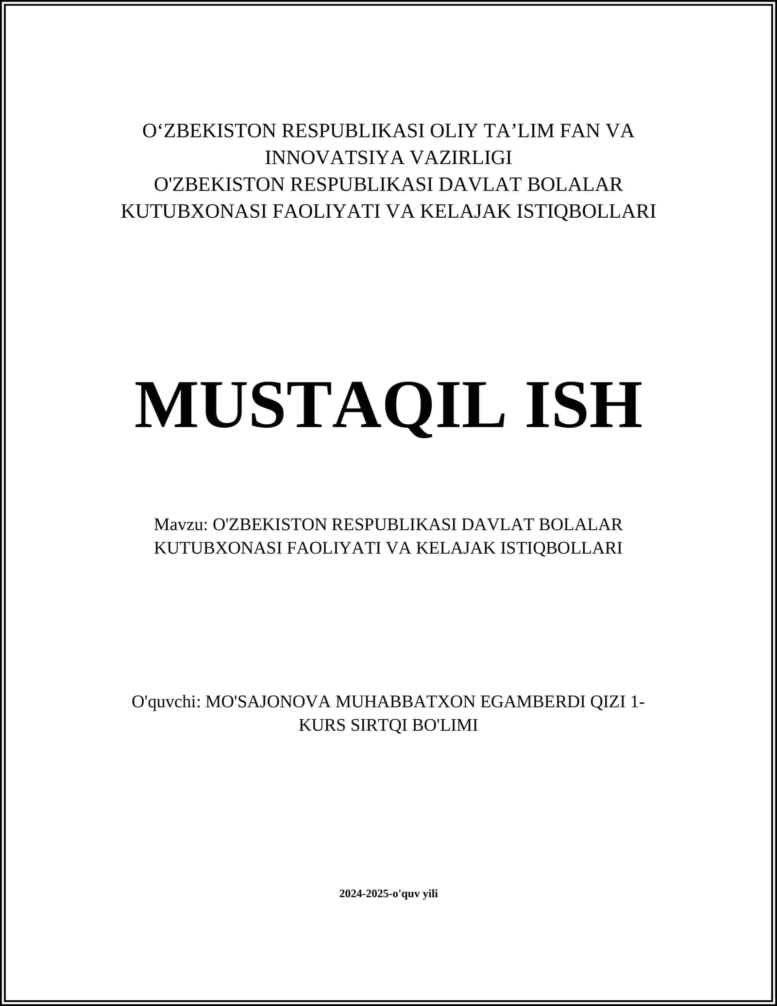 Oʻzbekiston Respublikasi Davlat Bolalar kutubxonasi tarixi 1