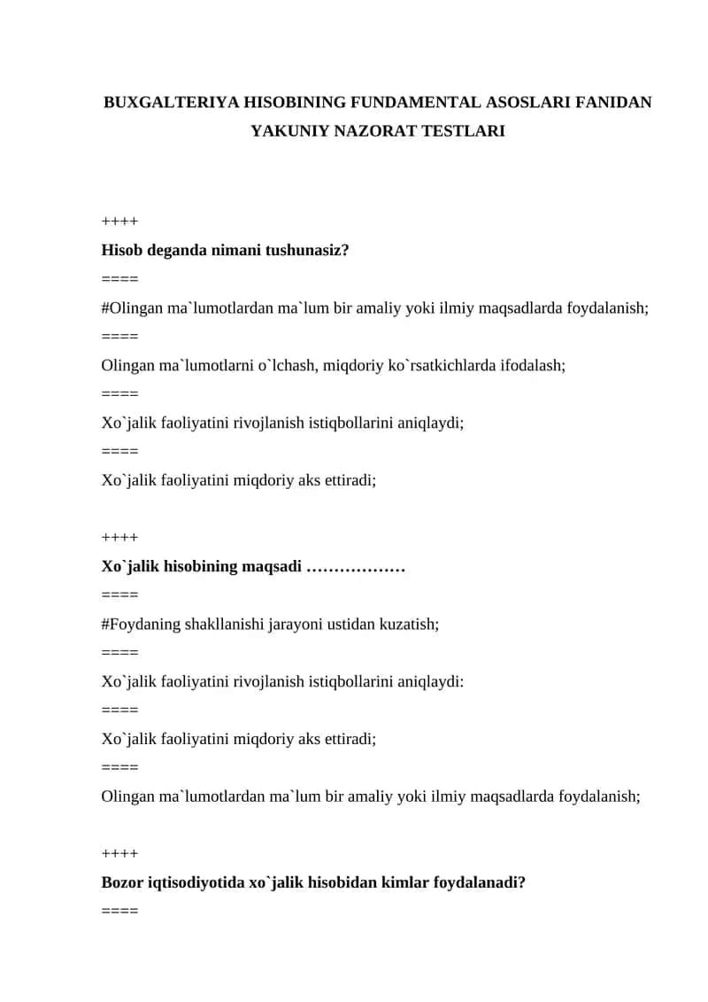 BUXGALTERIYA HISOBINING FUNDAMENTAL ASOSLARI FANIDAN YAKUNIY NAZORAT TESTLARI 1