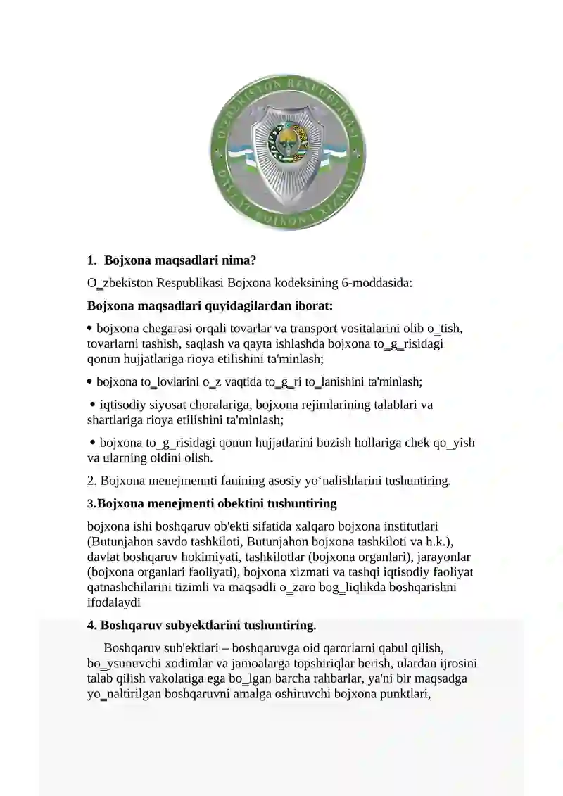 Bojxona qo'mitasiga ishga kirish uchun savol javoblar toplami