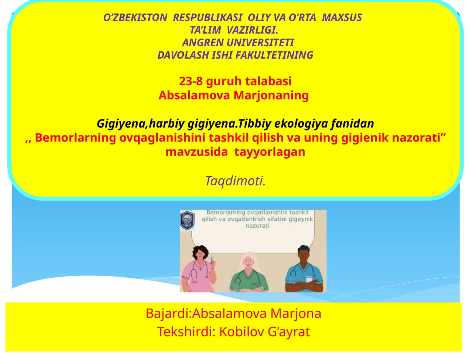Absalamova Marjona gigiyena, harbiy gigiyena 1