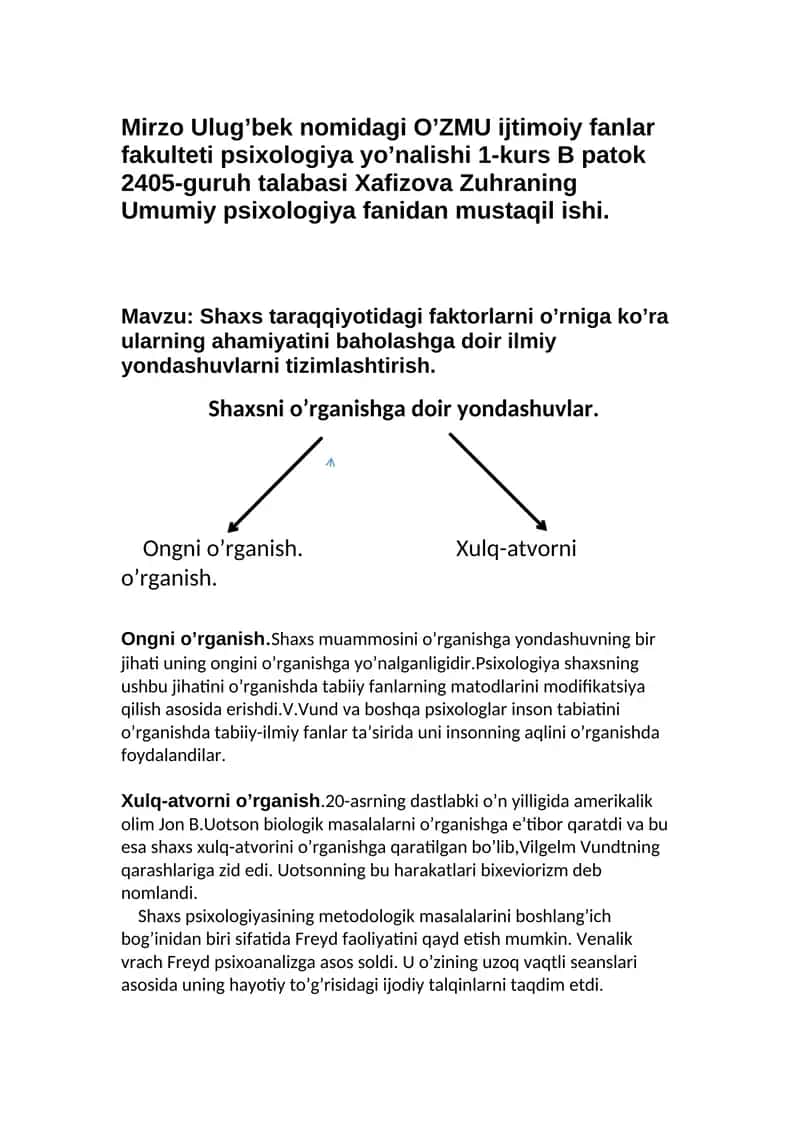 Umumiy psixologiya fanidan mustaqil ishi 1