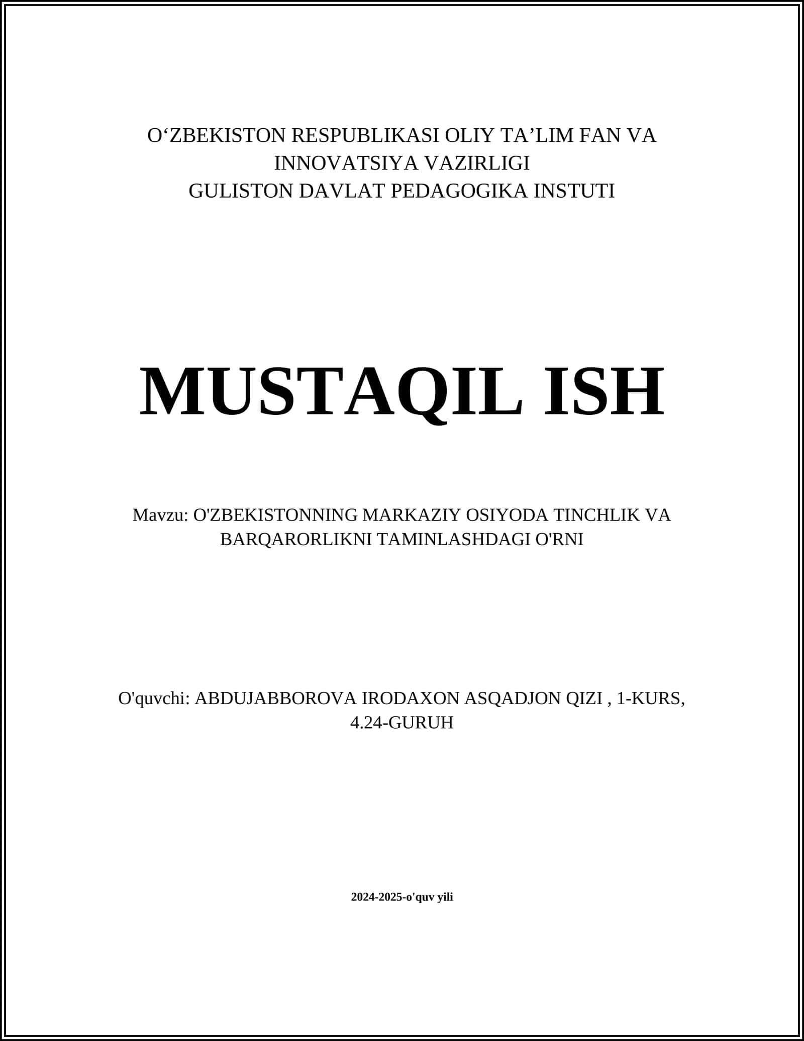 O'ZBEKISTONNING MARKAZIY OSIYODA TINCHLIK VA BARQARORLIKNI TAMINLASHDAGI O'RNI 1