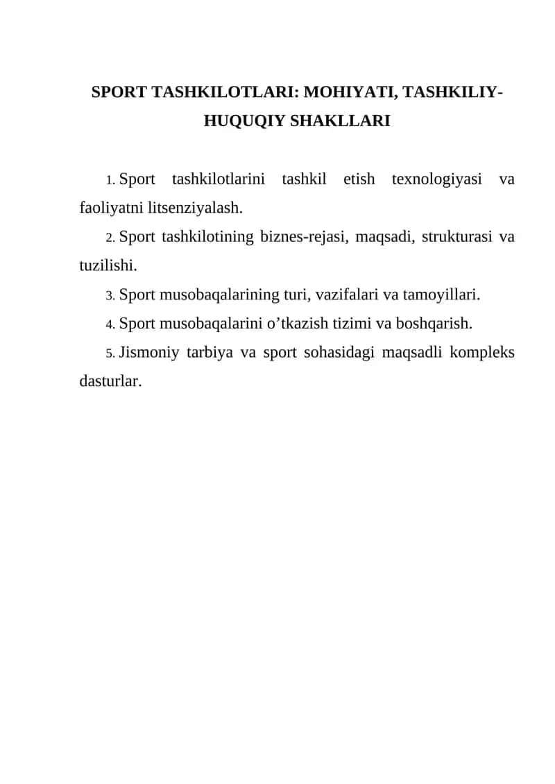SPORT TASHKILOTLARI: MOHIYATI, TASHKILIY-HUQUQIY SHAKLLARI 1