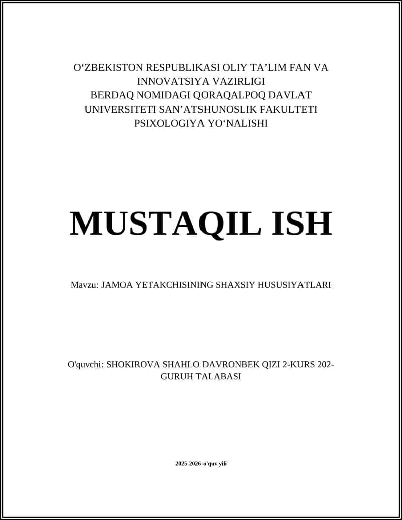 JAMOA YETAKCHISINING SHAXSIY HUSUSIYATLARI 1