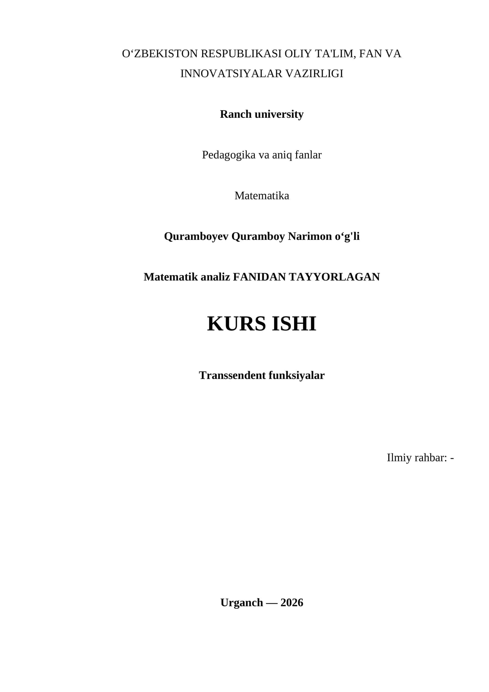 Matematik analiz FANIDAN TAYYORLAGAN KURS ISHI 1