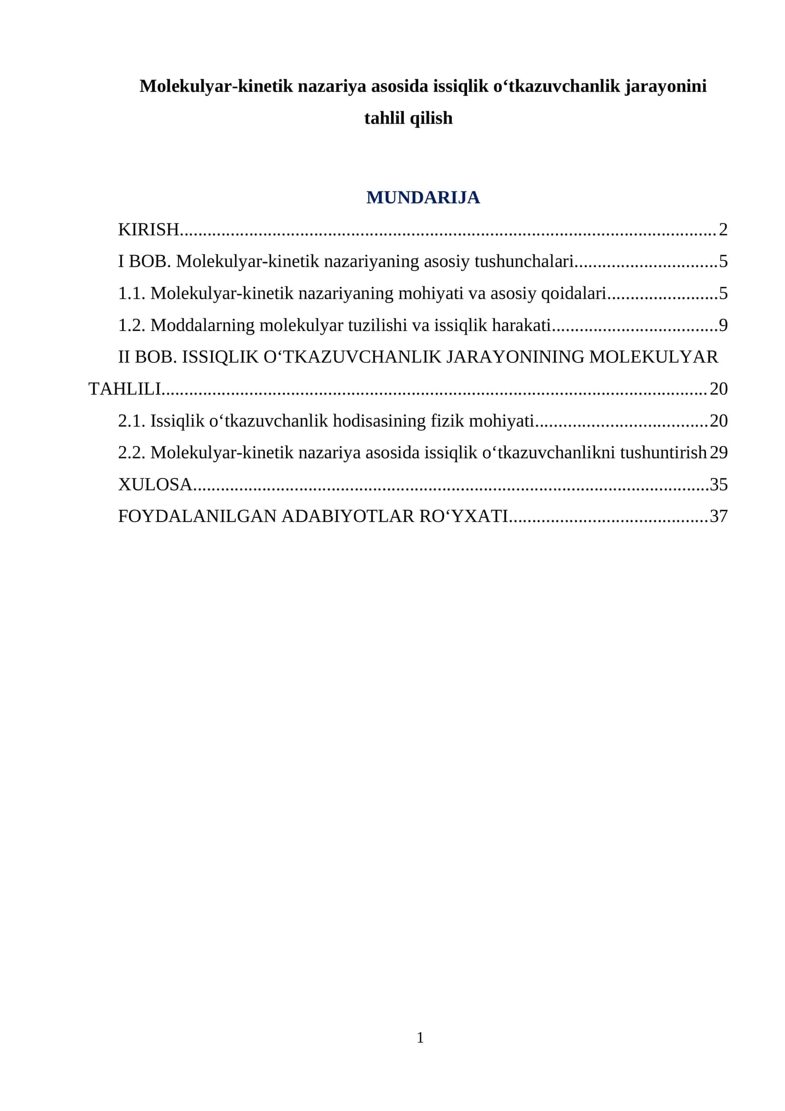 Molekulyar-kinetik nazariya asosida issiqlik o‘tkazuvchanlik jarayonini tahlil qilish 1