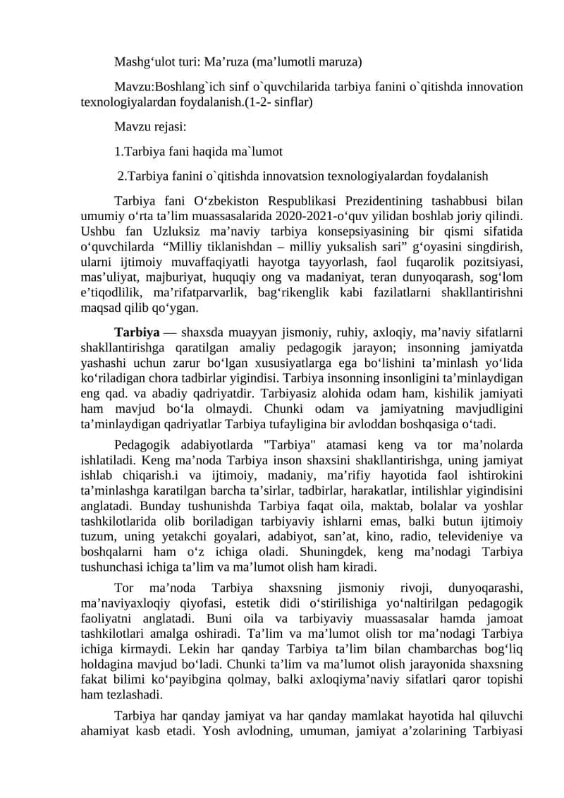 Boshlang'ich sinf o'quvchilarida tarbiya fanini o'qitishda innovation texnologiyalardan foydalanish 1