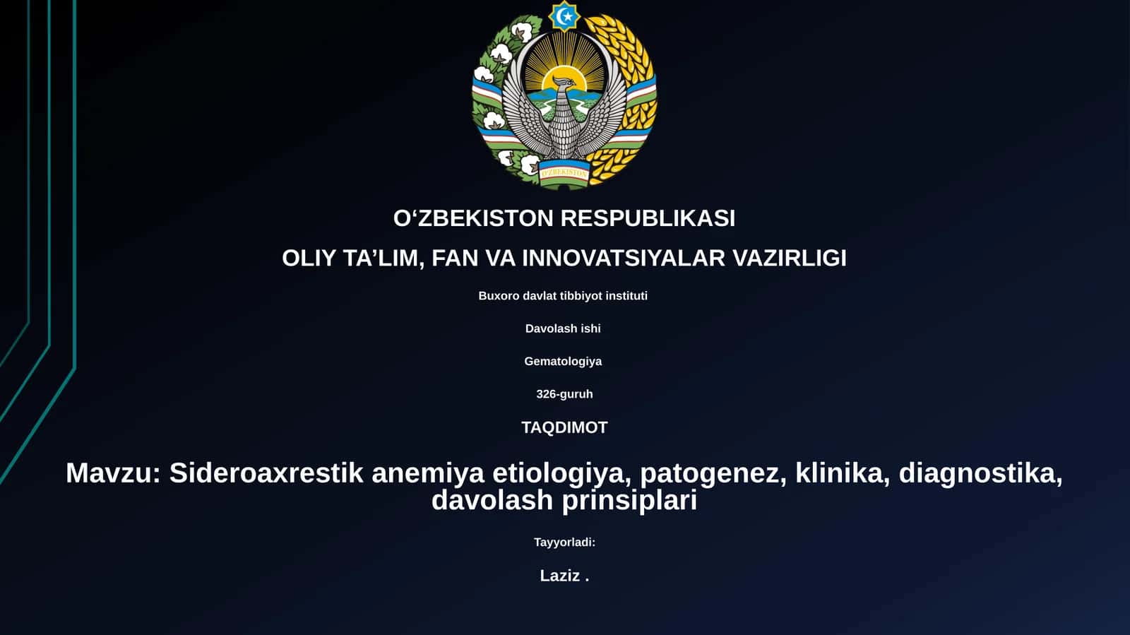Sideroaxrestik anemiya etiologiya, patogenez, klinika, diagnostika, davolash prinsiplari 1