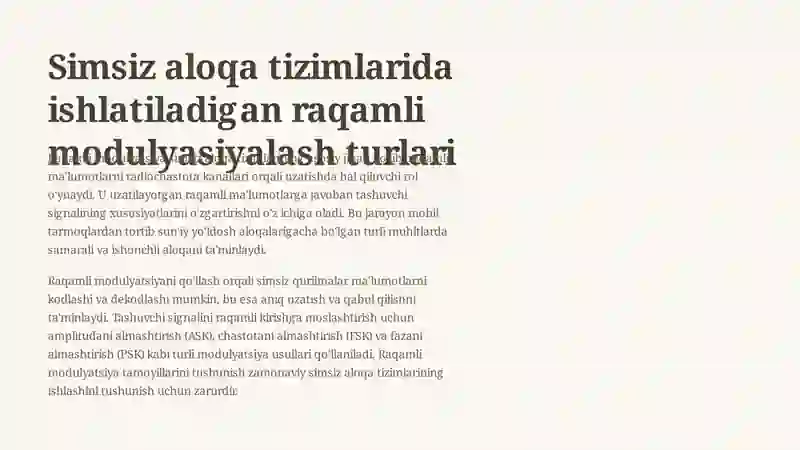 Simsiz aloqa tizimlarida ishlatiladigan raqamli modulyatsiya