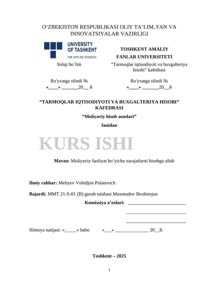 Moliyaviy faoliyat bo’yicha xarajatlarni hisobga olish 1