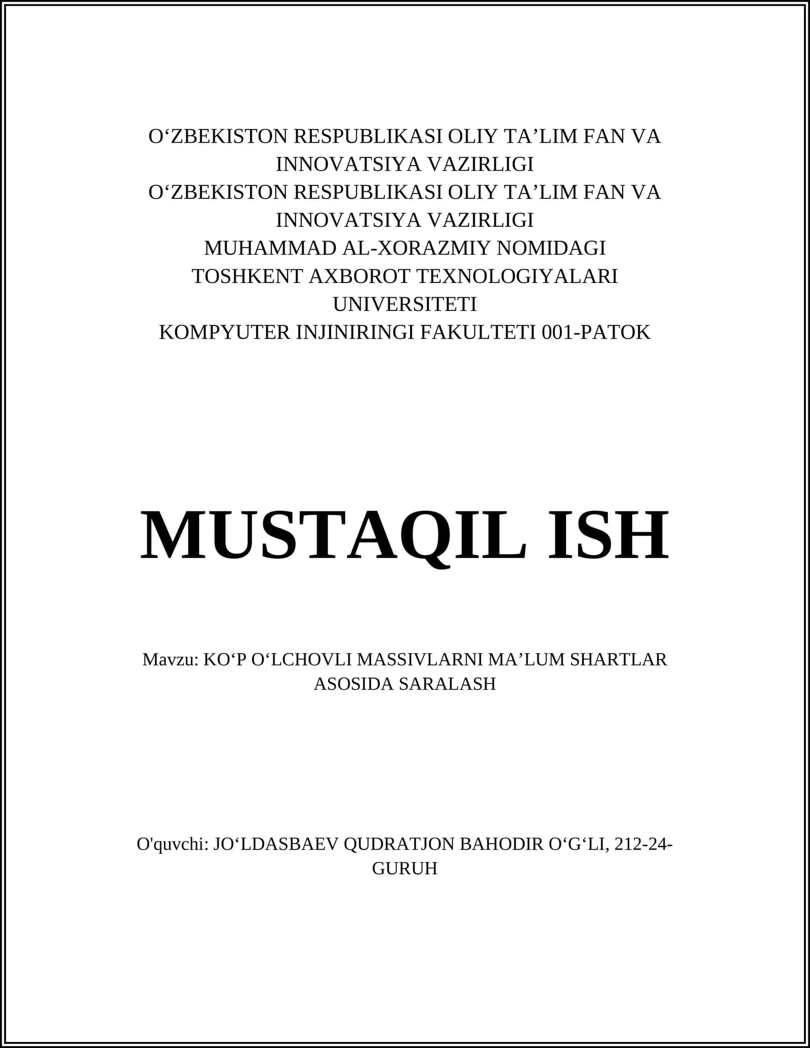 KO‘P O‘LCHOVLI MASSIVLARNI MA’LUM SHARTLAR ASOSIDA SARALASH 1