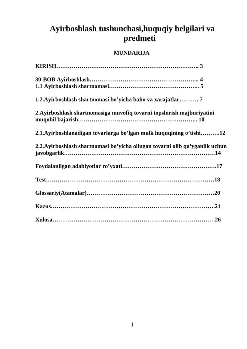 Ayirboshlash tushunchasi,huquqiy belgilari va predmeti 1