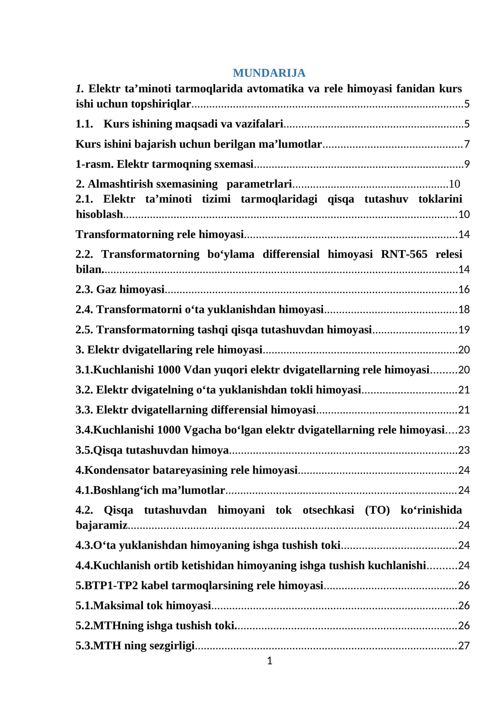 Elektr ta’minoti tarmoqlarida avtomatika va rele himoyasi fanidan kurs ishi topshiriqlar 1