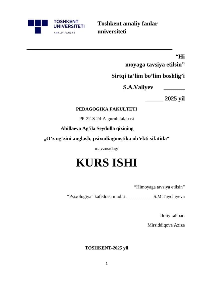 KURS ISHI "O‘z og‘zini anglash, psixodiagnostika ob‘ekti sifatida" 1