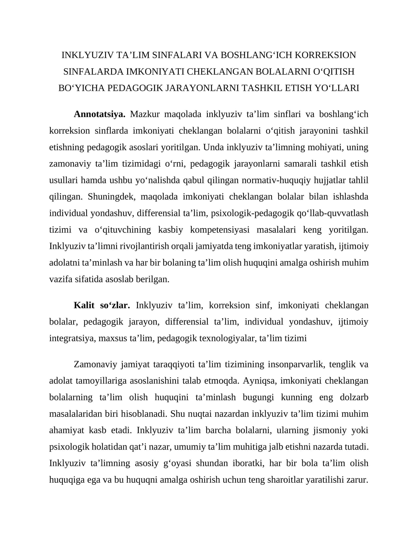 INKLYUZIV TA’LIM SINFALARI VA BOSHLANG‘ICH KORREKSION SINFALARDA IMKONIYATI CHEKLANGAN BOLALARNI O‘QITISH BO‘YICHA PEDAGOGIK JARAYONLARNI TASHKIL ETISH YO‘LLARI 1