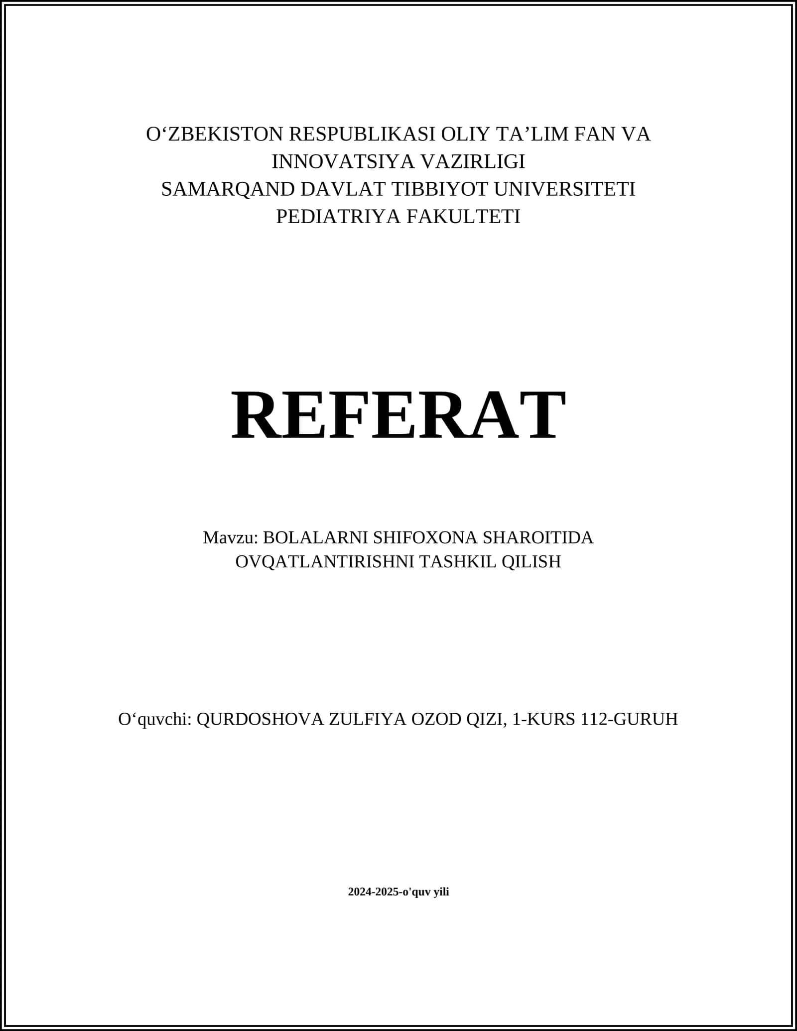 BOLALARNI SHIFOXONA SHAROITIDA OVQATLANTIRISHNI TASHKIL QILISH 1