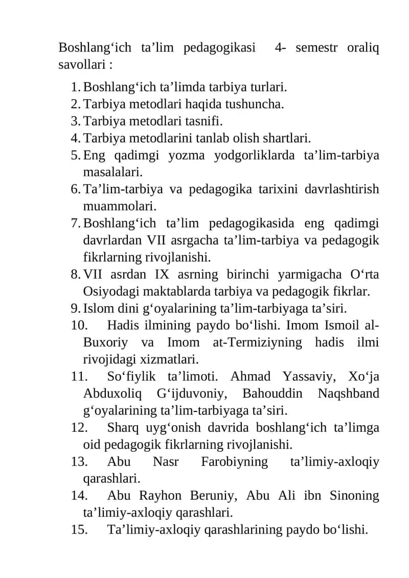 Boshlang‘ich ta’lim pedagogikasi 4- semestr oraliq savollari 1