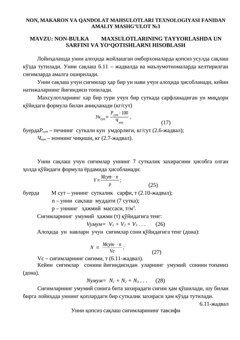 NON, MAKARON VA QANDOLAT MAHSULOTLARI TEXNOLOGIYASI FANIDAN AMALIY MASHG’ULOT №3 1
