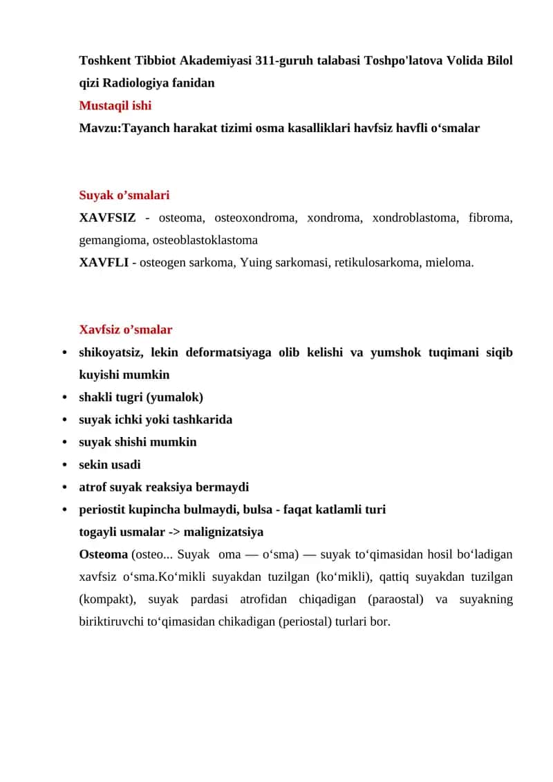 Tayanch harakat tizimi osma kasalliklari havfsiz havfli oʻsmalar 1