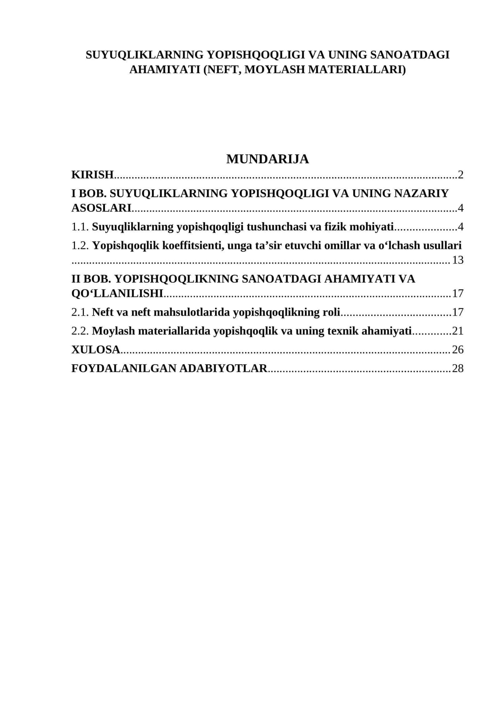 SUYUQLIKLARNING YOPISHQOQLIGI VA UNING SANOATDAGI AHAMIYATI (NEFT, MOYLASH MATERIALLARI) 1
