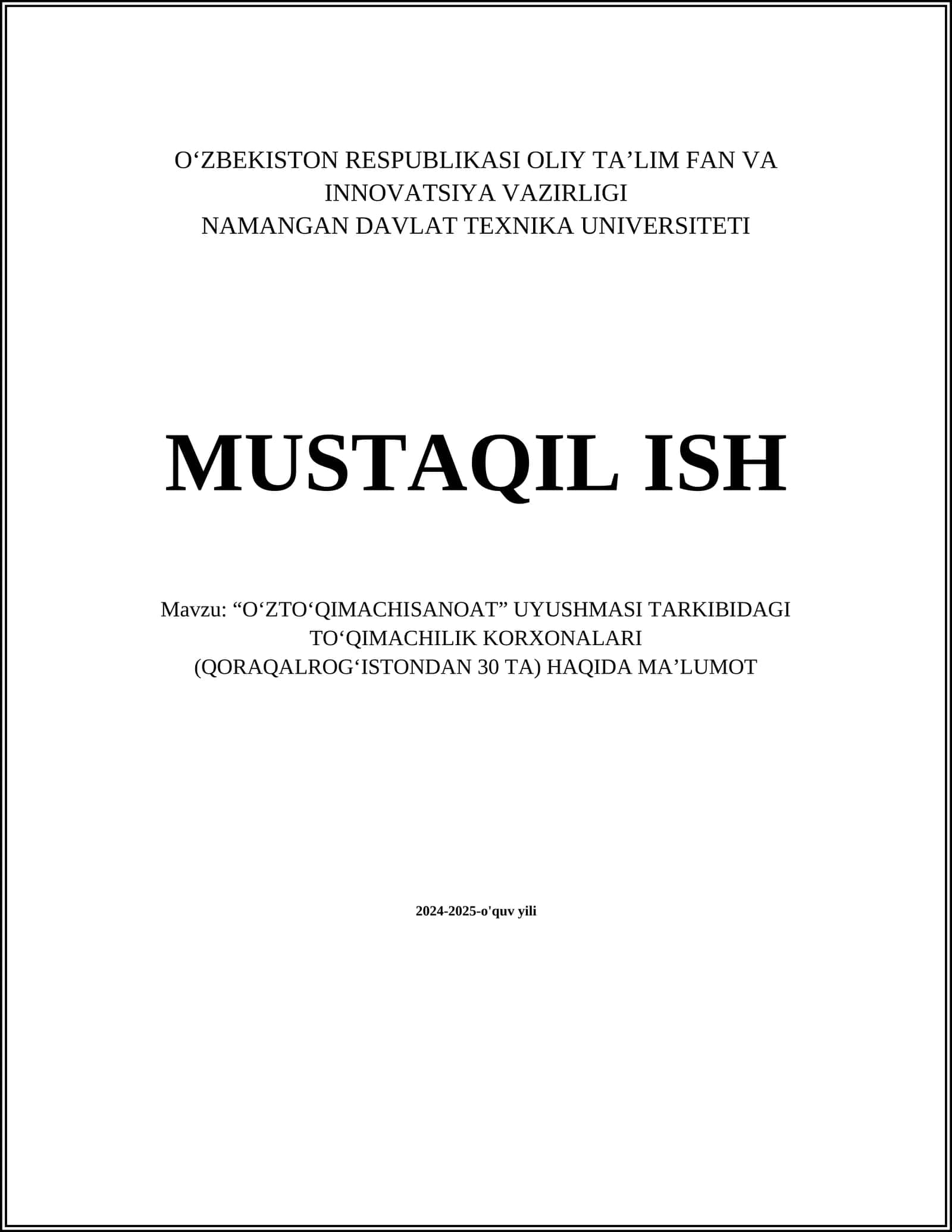 “O‘ZTO‘QIMACHISANOAT” UYUSHMASI TARKIBIDAGI TO‘QIMACHILIK KORXONALARI 1
