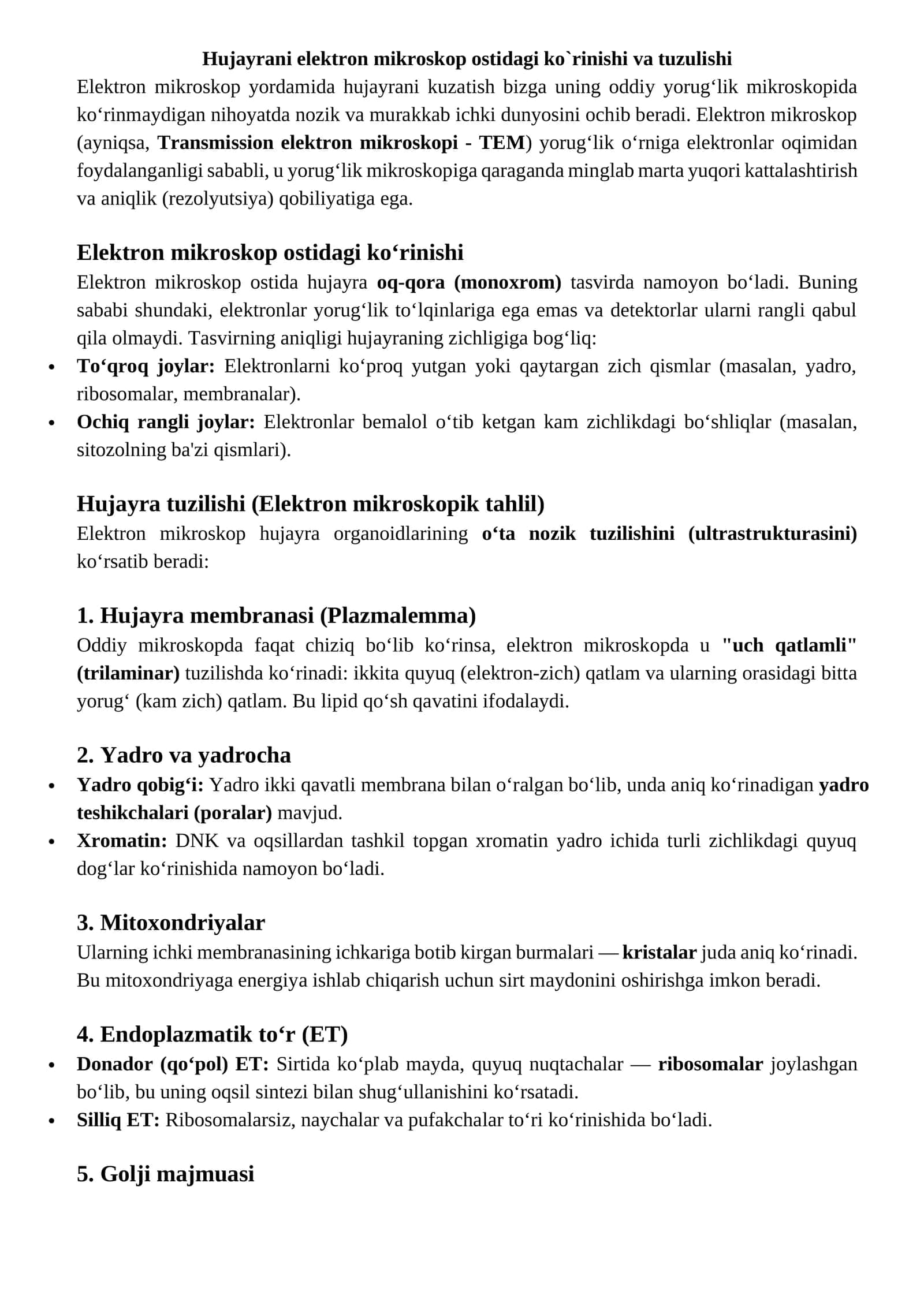 Hujayrani elektron mikroskop ostidagi ko`rinishi va tuzulishi 1
