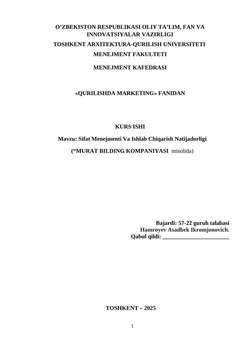 Kurs Ishi: Qurilishda Xaridorlarning Motivatsion Tahlil qilinishi 1