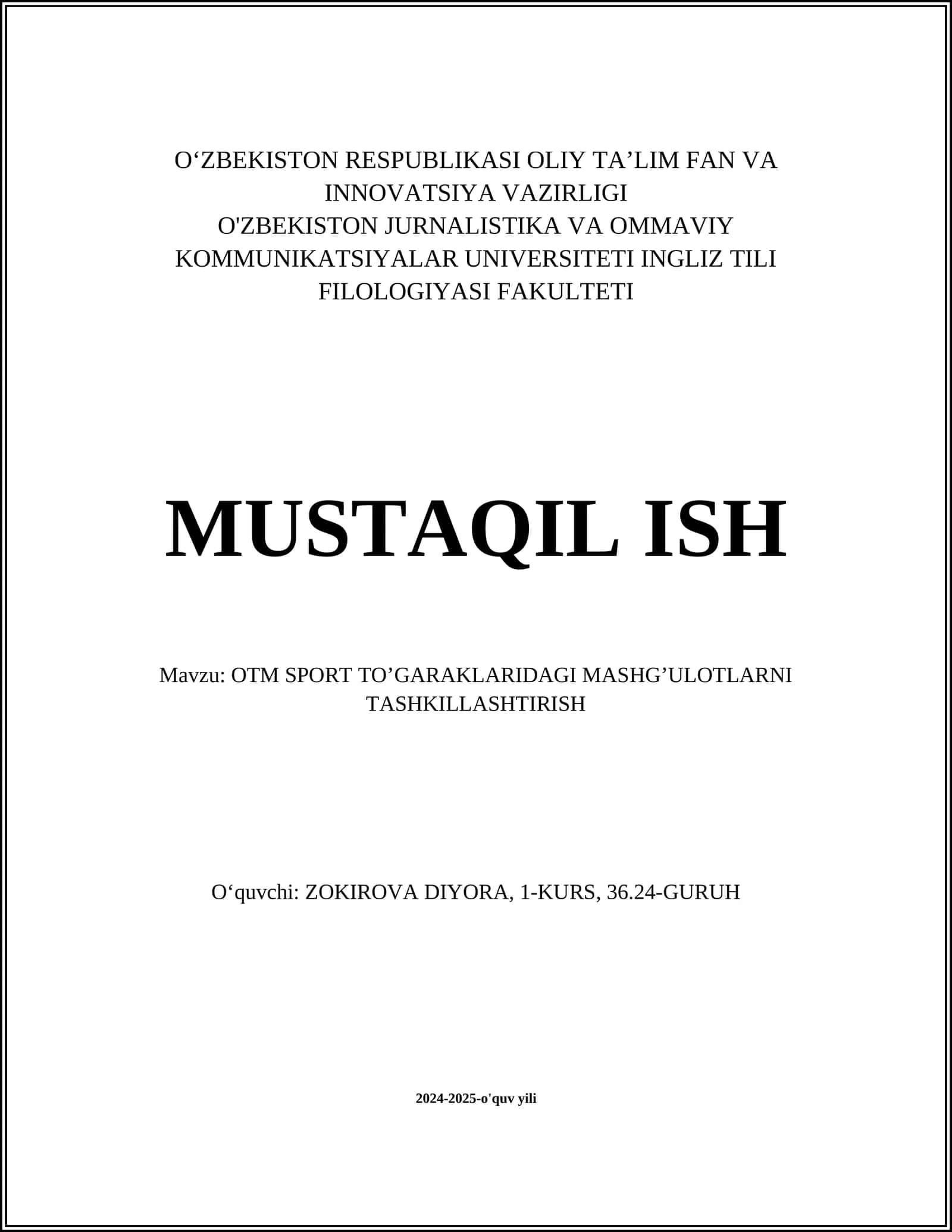 OTM SPORT TO’GARAKLARIDAGI MASHG’ULOTLARNI TASHKILLASHTIRISH 1