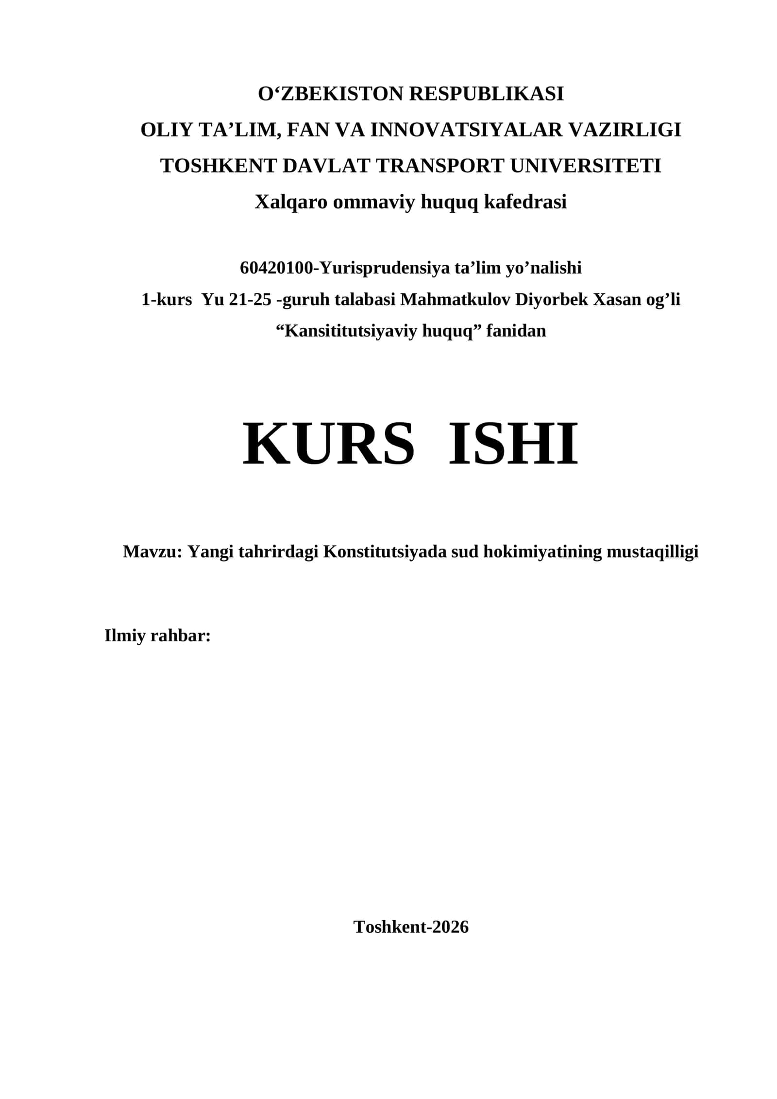 Yangi tahrirdagi Konstitutsiyada sud hokimiyatining mustaqilligi kurs ishi 1