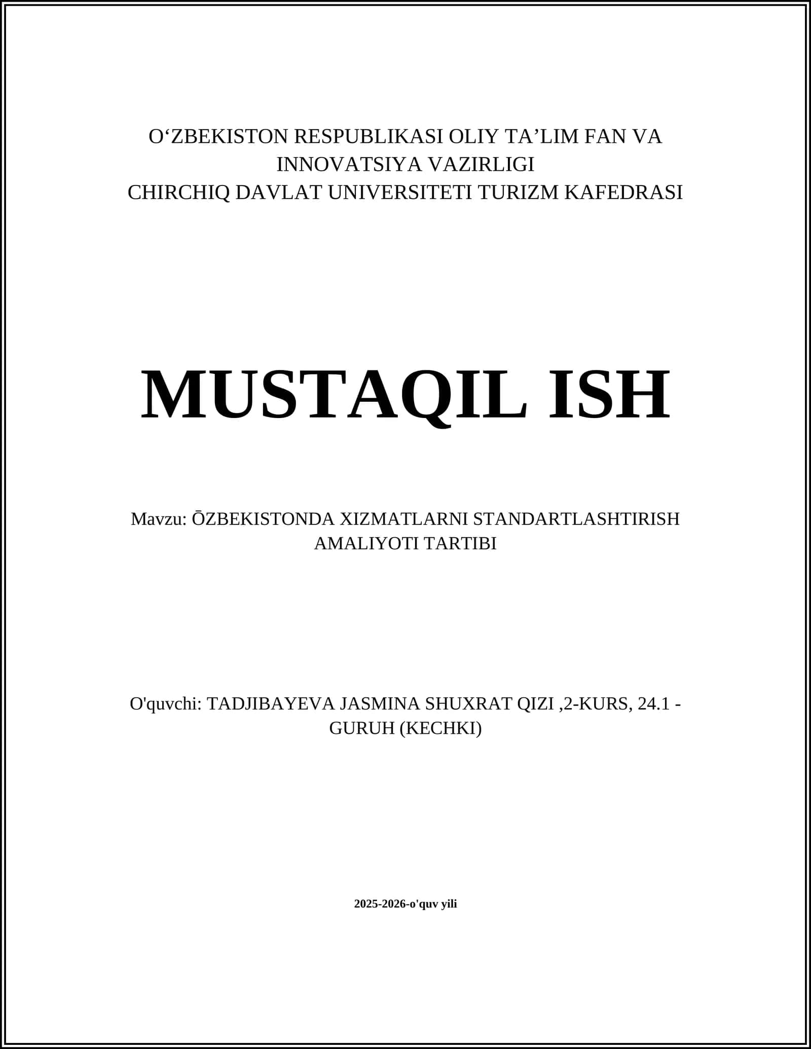 ŌZBEKISTONDA XIZMATLARNI STANDARTLASHTIRISH AMALIYOTI TARTIBI 1