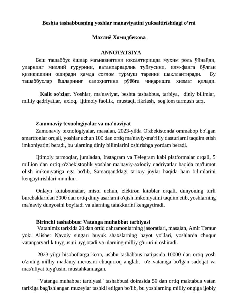 Beshta tashabbusning yoshlar manaviyatini yuksaltirishdagi o’rni 1