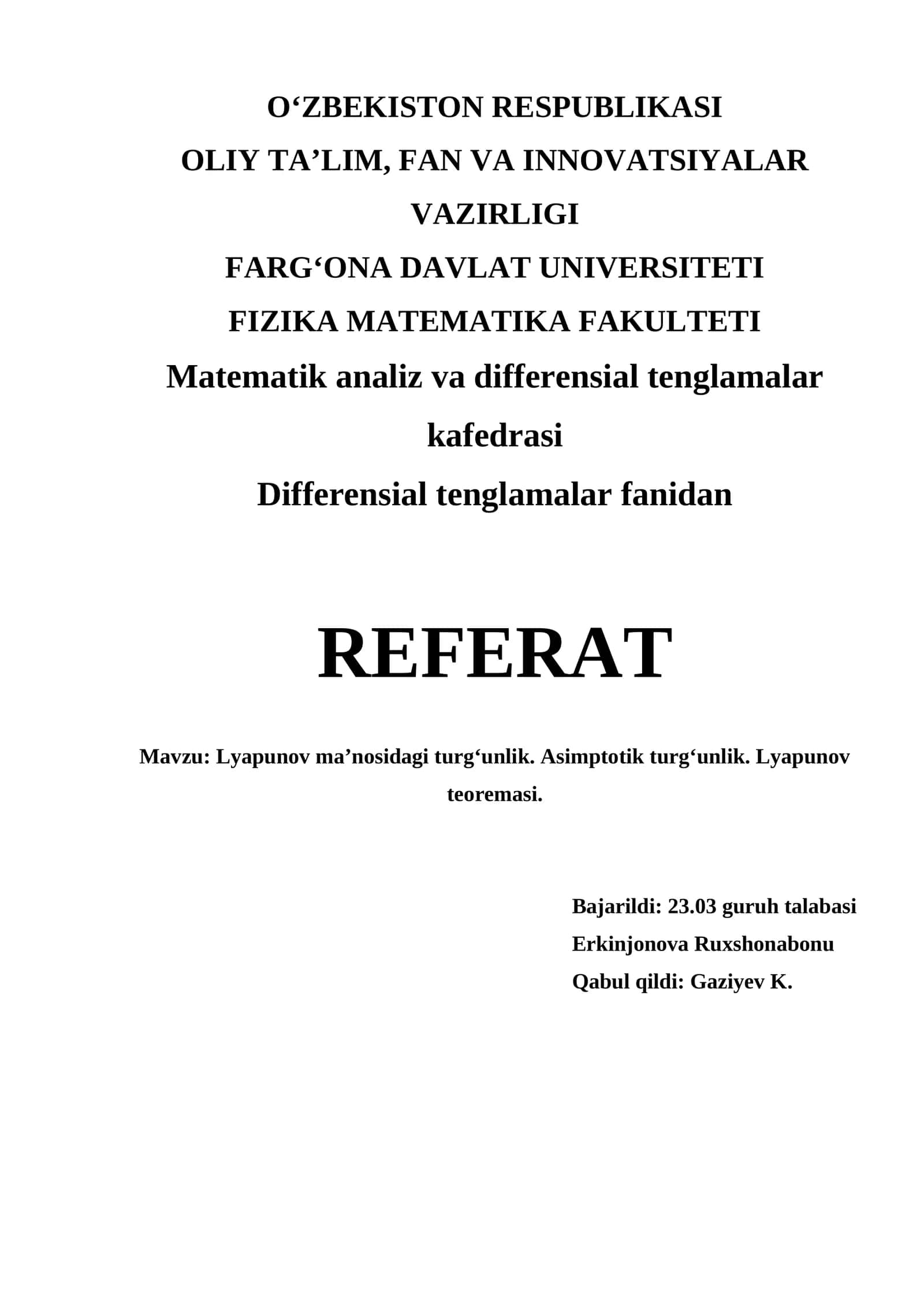 Lyapunov ma’nosidagi turg‘unlik 1