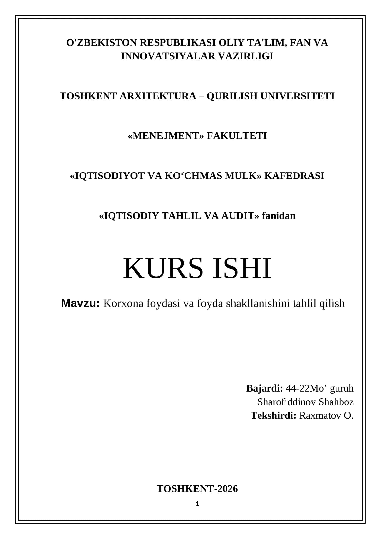 Korxona foydasi va foyda shakllanishini tahlil qilish 1