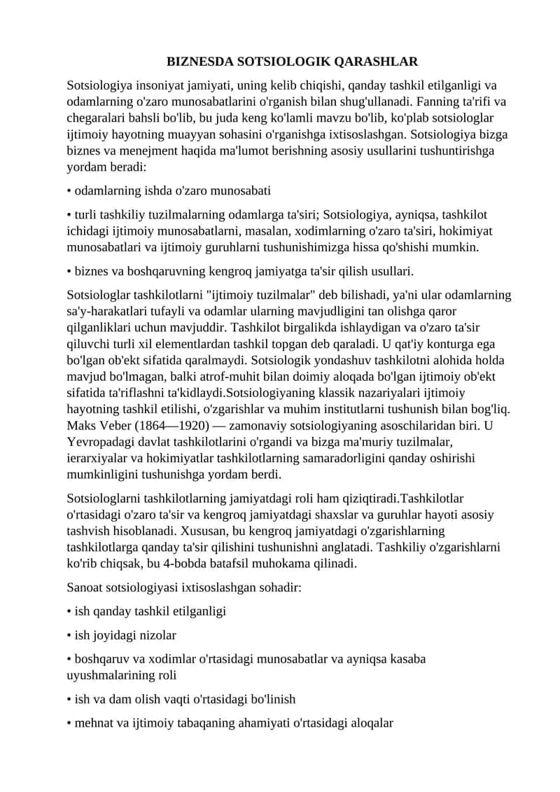 BIZNESDA SOTSIOLOGIK QARASHLAR 1